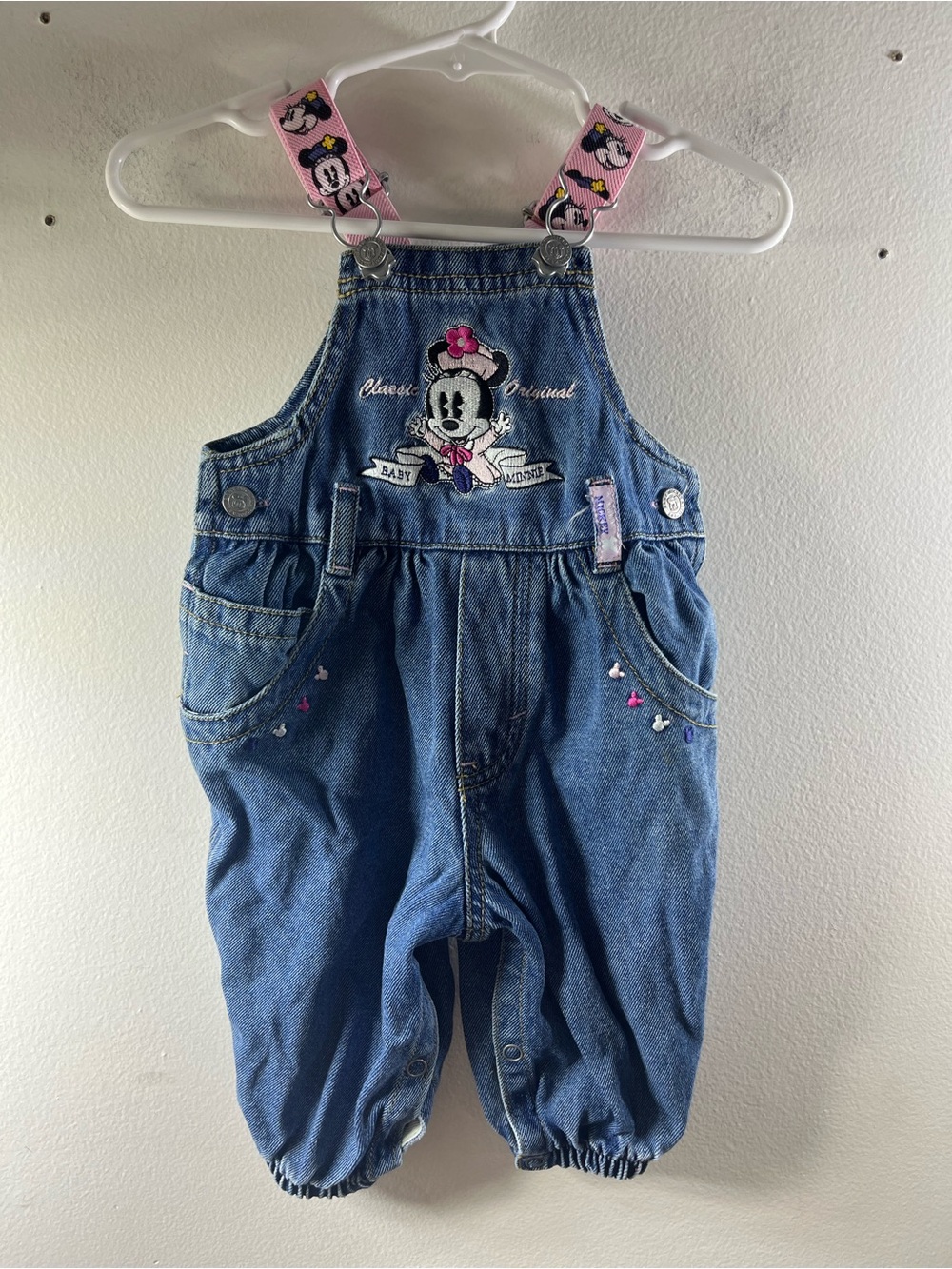 Vintage Disney Baby Mickey & Co Minnie Denim Overalls 3/6M Embroidered 90s